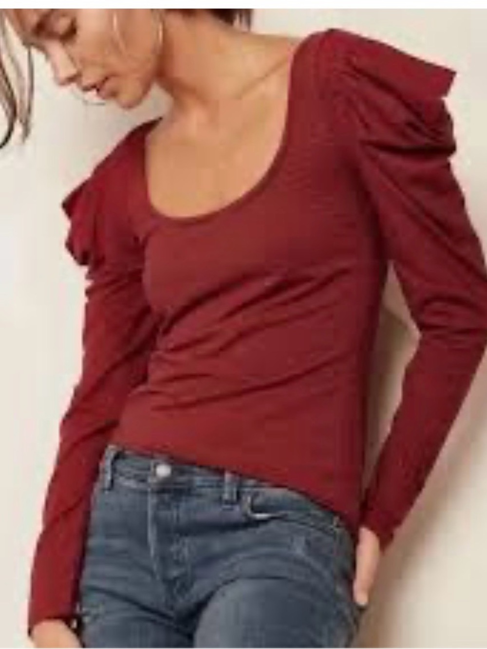 Women’s Scoop Neck Long Sleeve Top with Puff Shoulders - Burgundy SZ L